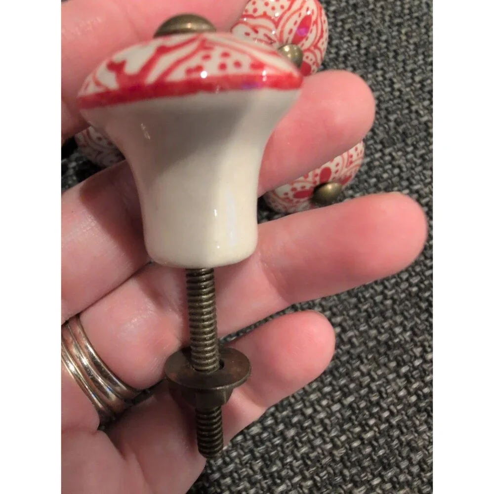 Set of 10 Vintage Ceramic Cabinet Knobs Red White Floral Hand Painted Pulls